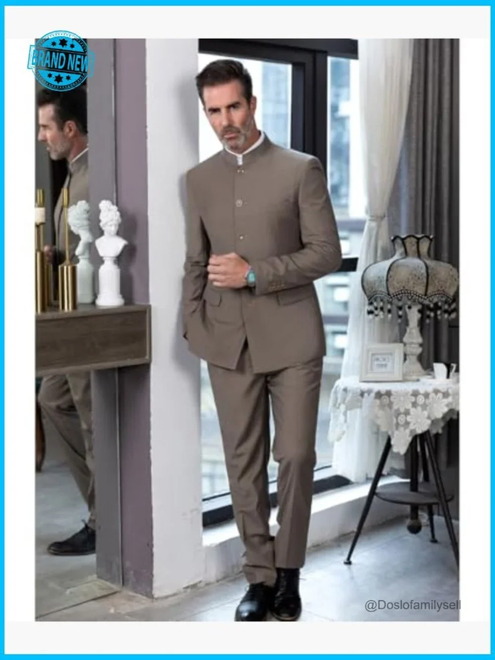 Men's Slim Fit Suit Set Classic Stand Collar Blazer Pant Wedding Formal